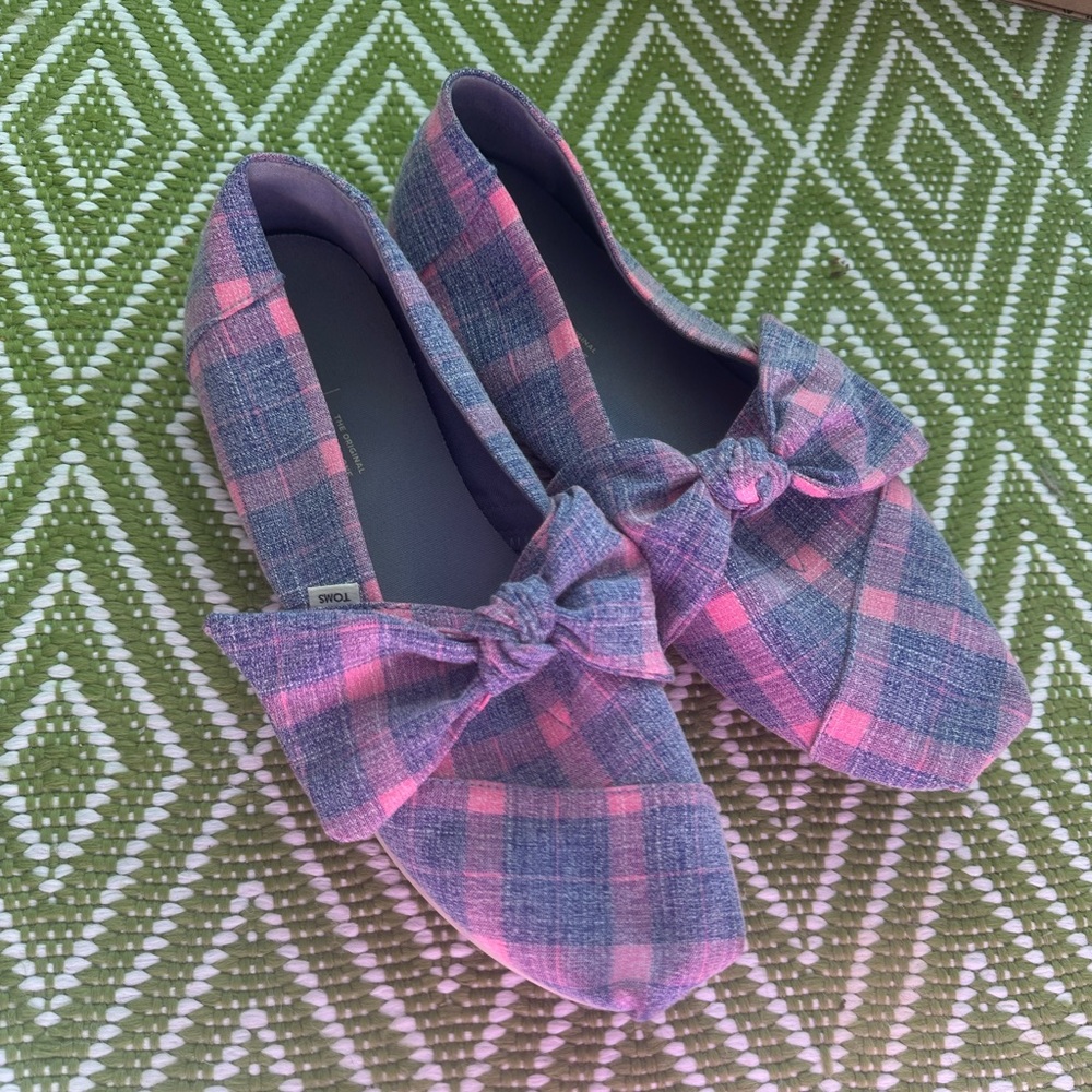 Toms Alpargata Plaid Bow Flats in Pink and Blue with Bow